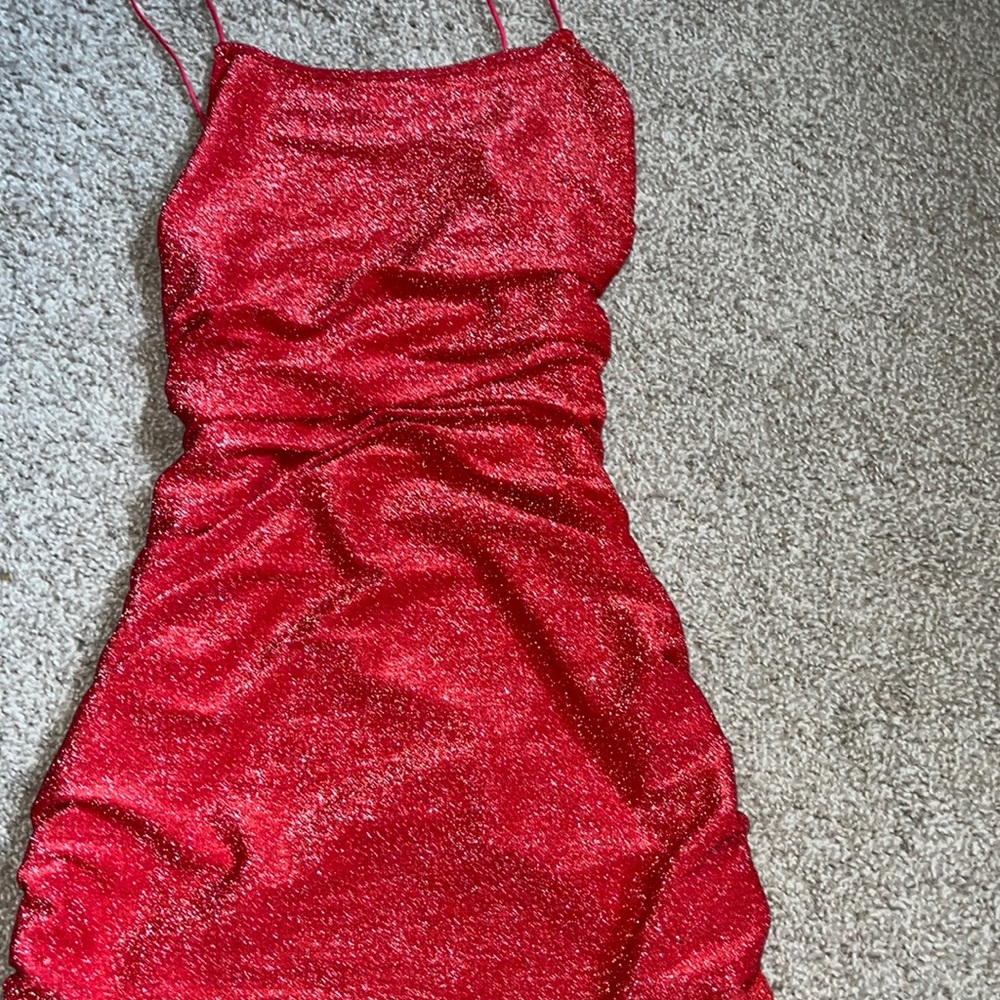 Red sparkly ruched bodycon dress